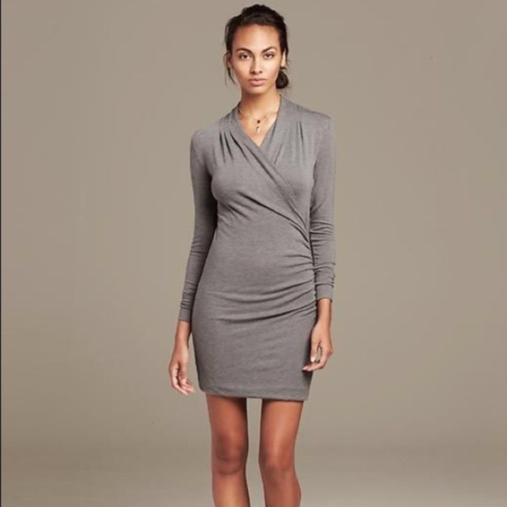 Banana Republic Charcoal Ruched Faux Wrap Dress, M